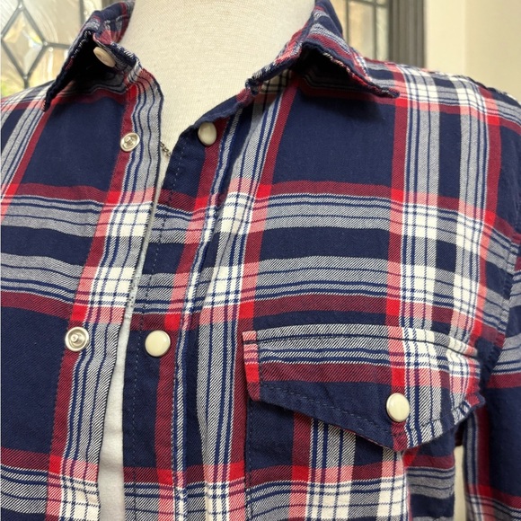 H&M Divided Navy Red White Plaid Snap Front Western Style Slim Fit Flannel Shirt - Picture 5 of 6